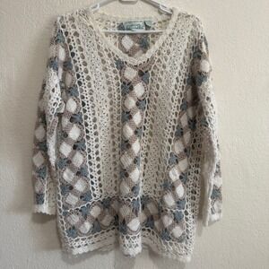 Colleen's Collectables Crochet Sweater Hand Knitted Ramie Cotton Boho Cream L